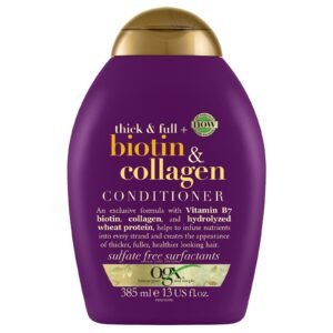 OGX Thick & Full + Biotin & Collagen Volumizing Conditioner for Thin Hair, with Vitamin B7 & Hydrolyzed Wheat Protein, Paraben-Free, Sulfate-Free Surfactants, 13 fl oz