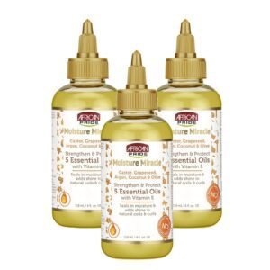 African Pride Moisture Miracle 5 Essential Oils (3 Pack) – Contains Castor, Grapeseed, Argan, Coconut & Olive Oil, Seals in Moisture & Adds Shine to Hair, Vitamin E, 4 oz